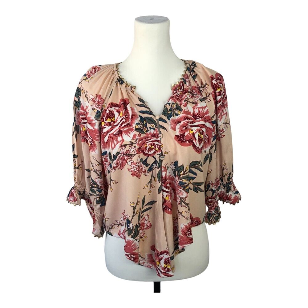 Z&L Made With Love Short Sleeve Floral V Neck Front Tie Cropped Top Sz M - Picture 2 of 15